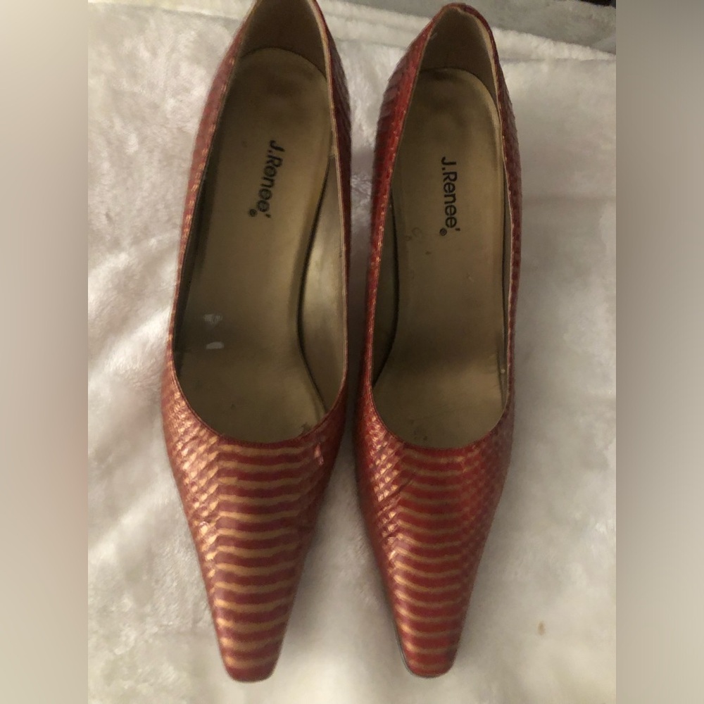 J.Renee Metallic Red and Gold skin Striped Pointed Pumps